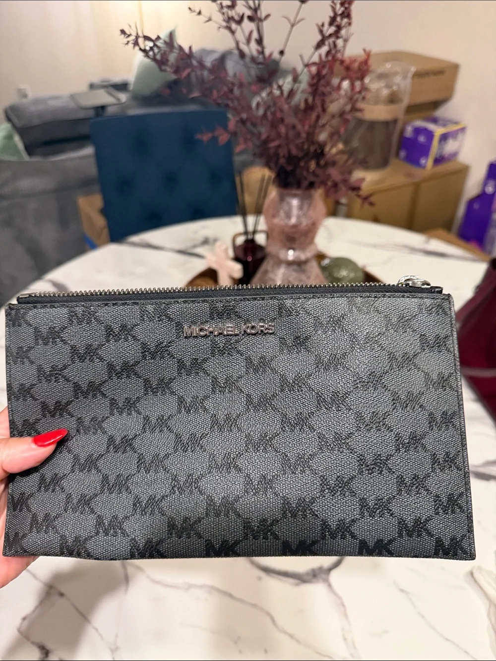 Michael Kors Gray & Black MK Logo Zip Pouch